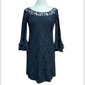 Kelly & Diane Black Lace Overlay 3/4 Ruffle Sleeve Dress